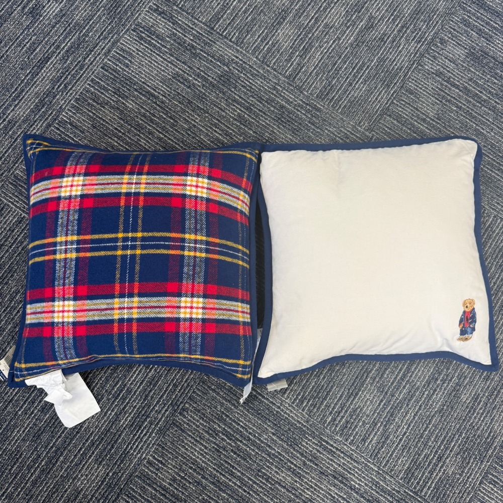 2 Ralph Lauren Polo Bear Plaid Throw Pillows Reversible Navy Blue Tartan 20x20